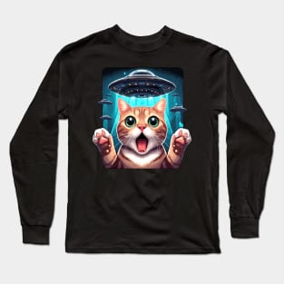 Funny Cat Selfie With UFOs Behind Long Sleeve T-Shirt